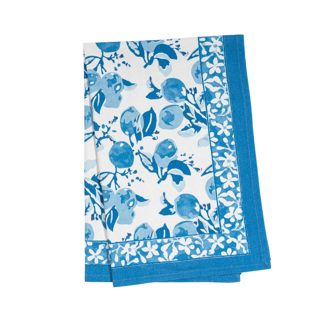 Blue floral and fruit patterned tea towel on a white background.