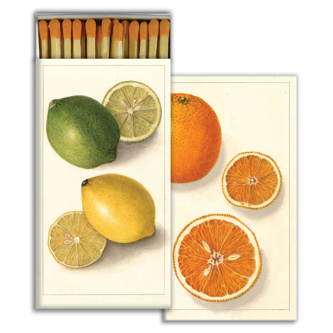 Matchbox of safety matches with illustrations of citrus fruits including limes, lemons, and oranges on a white background. 