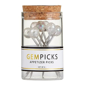 Set of eight iridescent appetizer picks in  a glass jar with cork lid. Gem Picks.