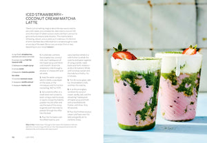 A two-column recipe spread for iced strawberry coconut cream matcha latte. The left column contains the recipe text and ingredients, while the right column features a color photograph of two layered matcha lattes with fresh strawberry slices on top, set against a light blue background.