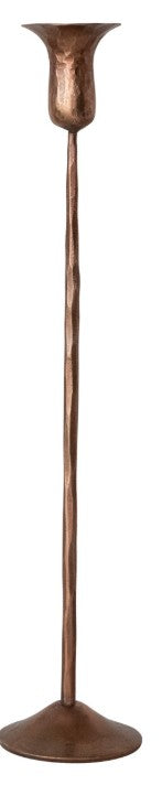 A large slender copper candlestick holder with a flared top and a wide circular base, shown against a plain white background.