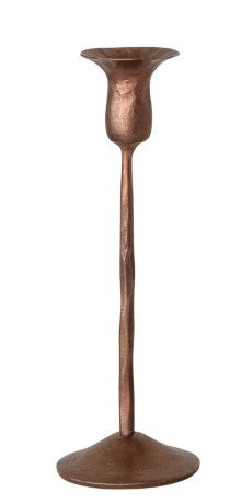 Small sized antique copper candle taper holder displayed against a white background. 