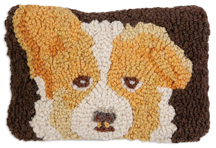 Hand hooked wool corgi dog decorative pillow. Chandler 4 Corners. 