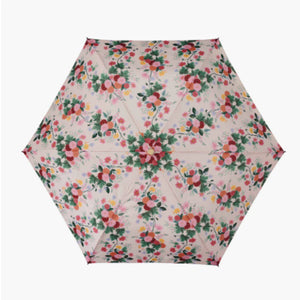 Top view of Dahlia patterned umbrella against a white background.