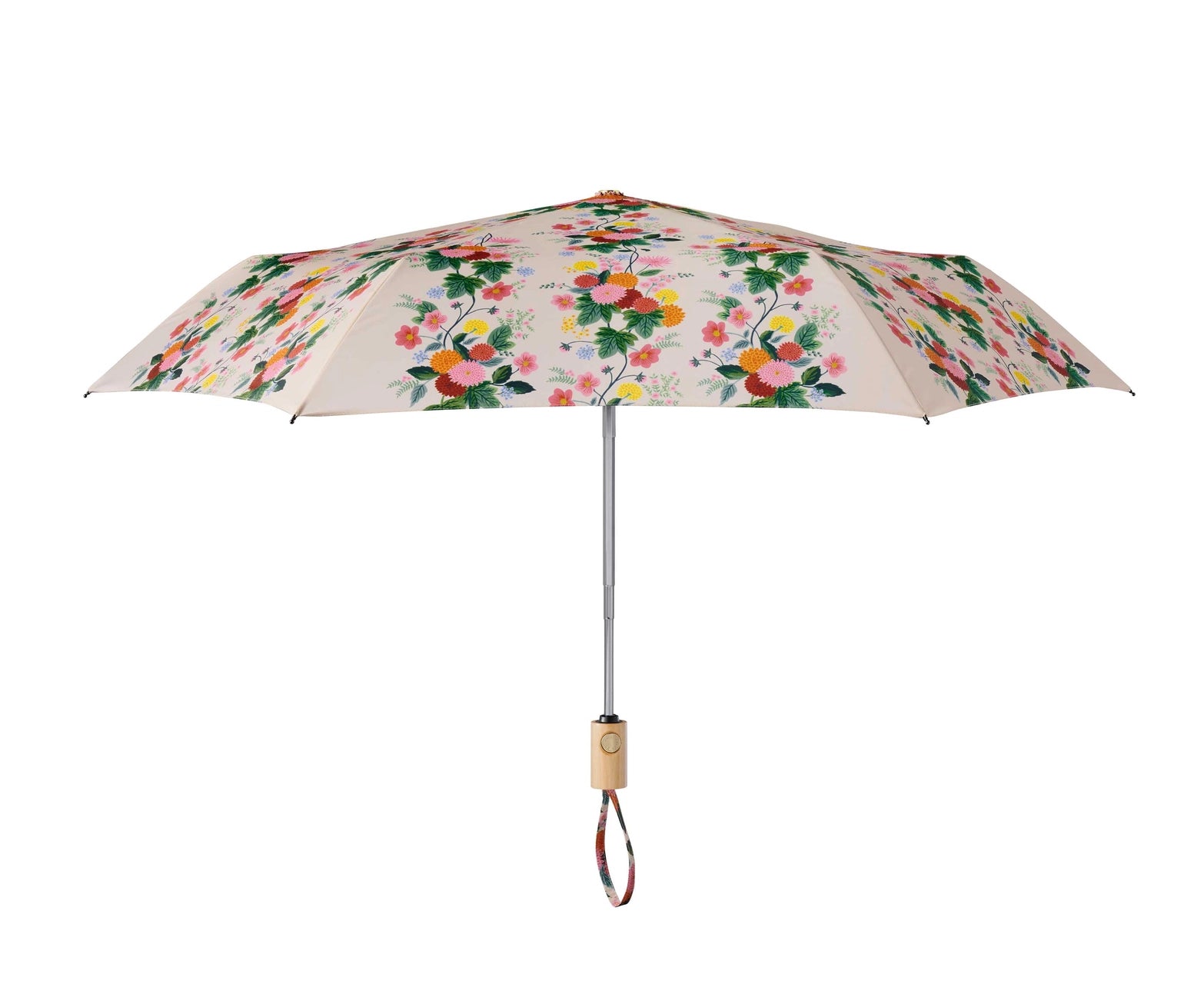 Dahlia patterned umbrella opened on a white background. Rifle Paper Co. 