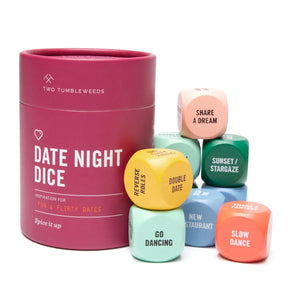 Date Night Dice set with pink container labeled 'Two Tumbleweeds' on a white background