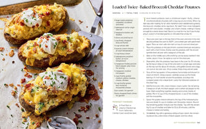 A printed recipe page featuring a close-up photo of baked broccoli cheddar potatoes on the left and the recipe text on the right, including title, ingredients, steps, and serving information.