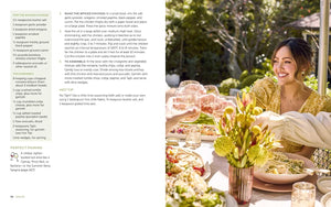 A printed recipe spread page from a cookbook featuring text instructions on the left and a color photograph of a decorated table with food on the right, with a smiling woman visible in the photo.