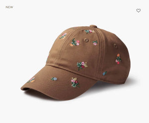 Brown baseball cap with floral dahlia embroidery on a white background. Rifle Paper Co. 