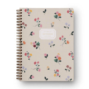 Notebook with "Ditsy Dahlia" floral pattern on a beige background.