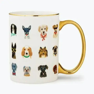 White mug with gold handle featuring illustrations of dogs wearing sunglasses on a white background. Rifle Paper Co. 