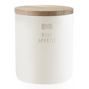 White container with wooden lid featuring 'Bone Appetit' text on a white background. Dog treat jar. 