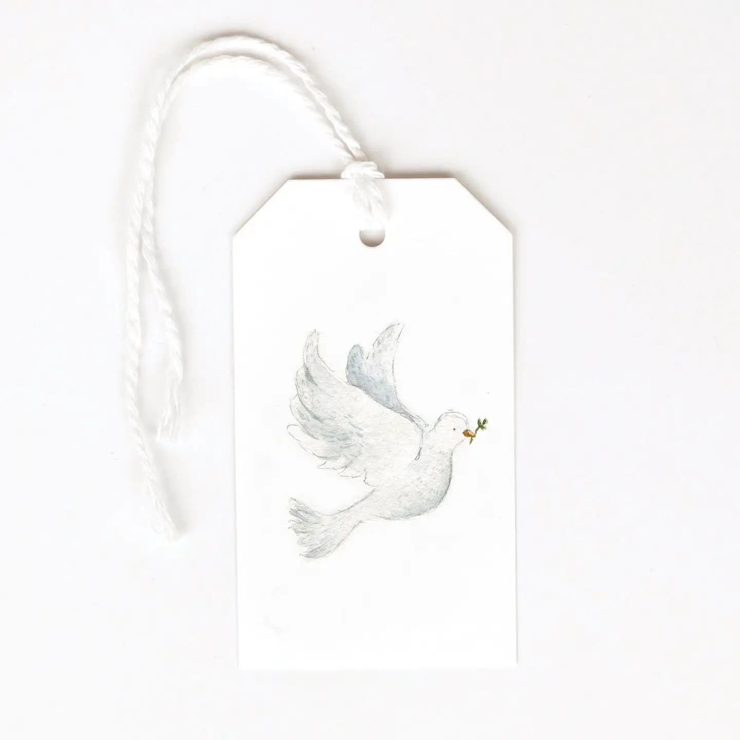 White Christmas dove gift tags against a white background. Emily Lex Studios. 