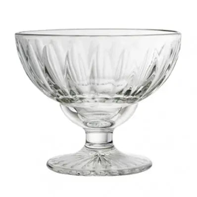 Luxurious 14 ounce ribbed glass ice cream bowl with fluted base. La Rochere. French glassware. Elevated French serving dishes. Made in France. 