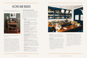 A two-page spread from a cocktail guide or magazine titled 'HOME BAR BASICS,' featuring text, ingredient lists, small photos of bar scenes, and a large color photo of an upscale bar interior with bottles, pendant lights, and bar stools.