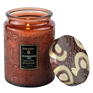 18 ounce Forbidden Fig glass jar candle from Voluspa. 