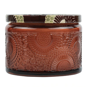3.2 ounce candle votive jar with lid closed. Voluspa scent Forbidden Fig. 