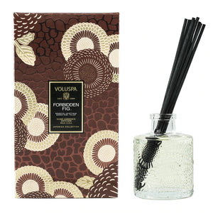 Voluspa Forbidden Fig diffuser with packaging on a white background.