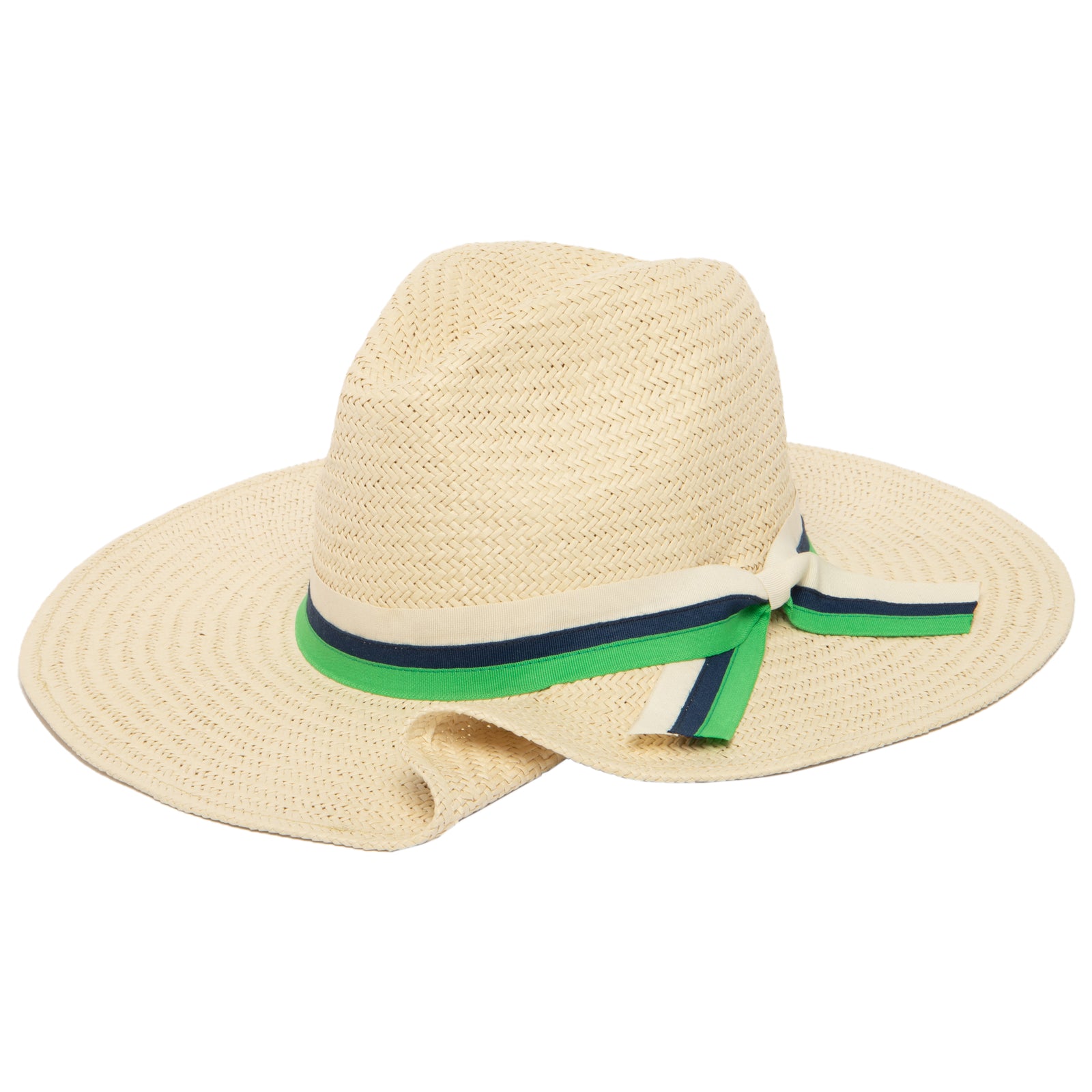 Classic straw sun hat with blue and green ribbon around the folded brim edge. San Diego Hat company. 