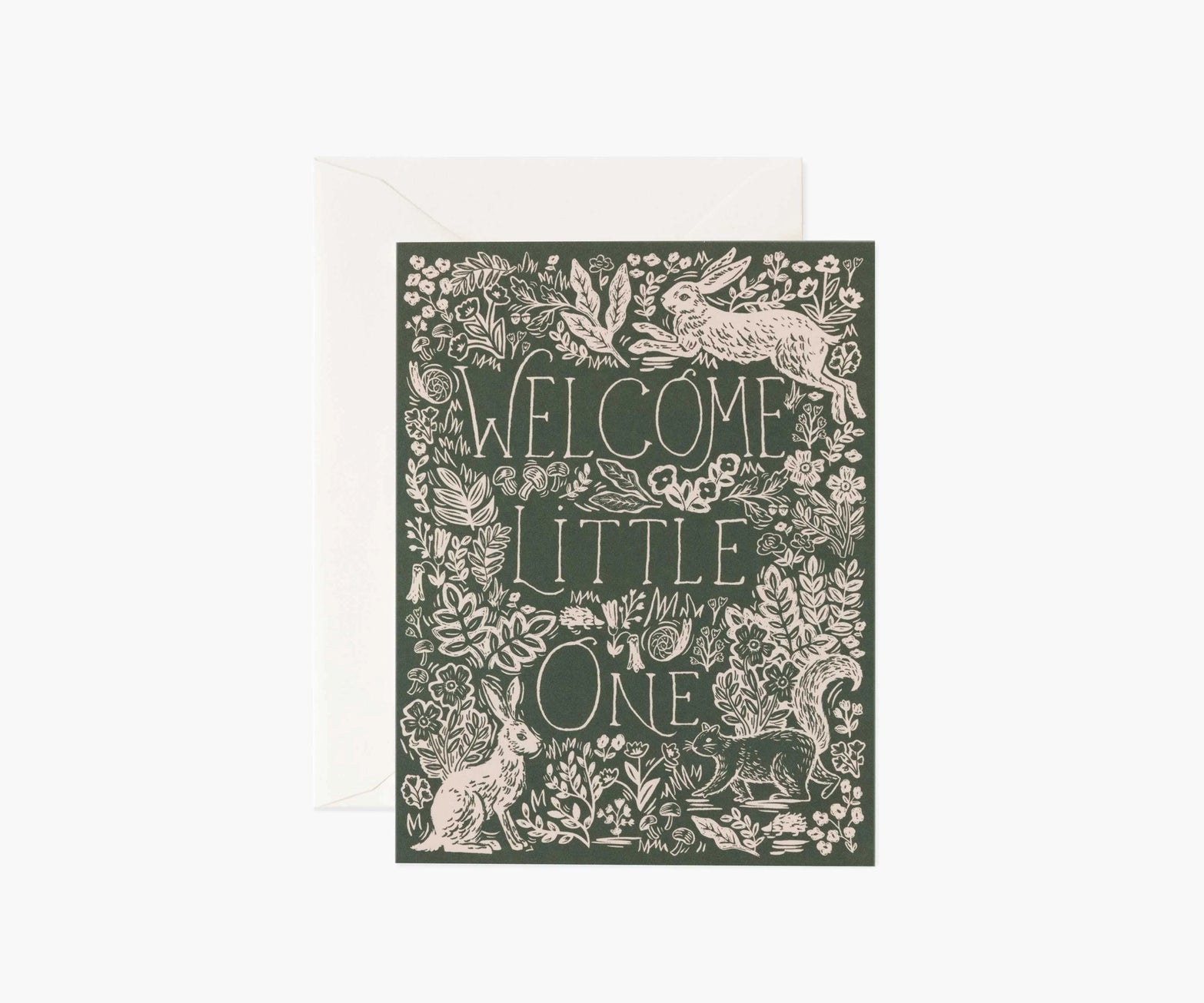 Greeting card with floral and animal designs and 'Welcome Little One' text on a white background. 