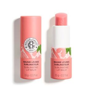 An open lip balm in light pink packaging from Roger & Gallet in scent Fig. 