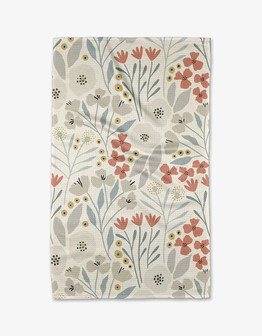 Floral "Fiona" tea towel in light grey, light blue, mauve, and cream. Geometry tea towels. Recycled kitchen towels. 