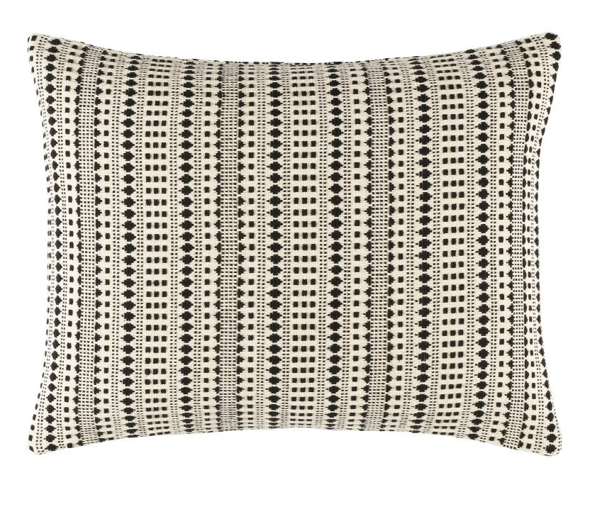 Decorative Euro sized pillow with black and white jacquard pattern on a white background. 