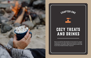 Chapter one preview with text that reads "Cozy treats and drinks." Fireside Warmers cookbook. 