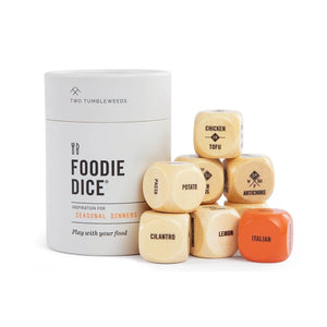 Wooden food-themed dice with a container labeled 'Foodie Dice' by Two Tumbleweeds on a white background.
