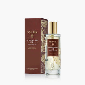 Voluspa Forbidden Fig room spray with packaging on a white background.