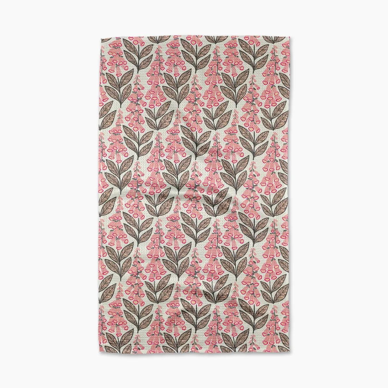 Floral patterned towel with pink foxglove flowers and green leaves on a light background. Geometry tea towels. 