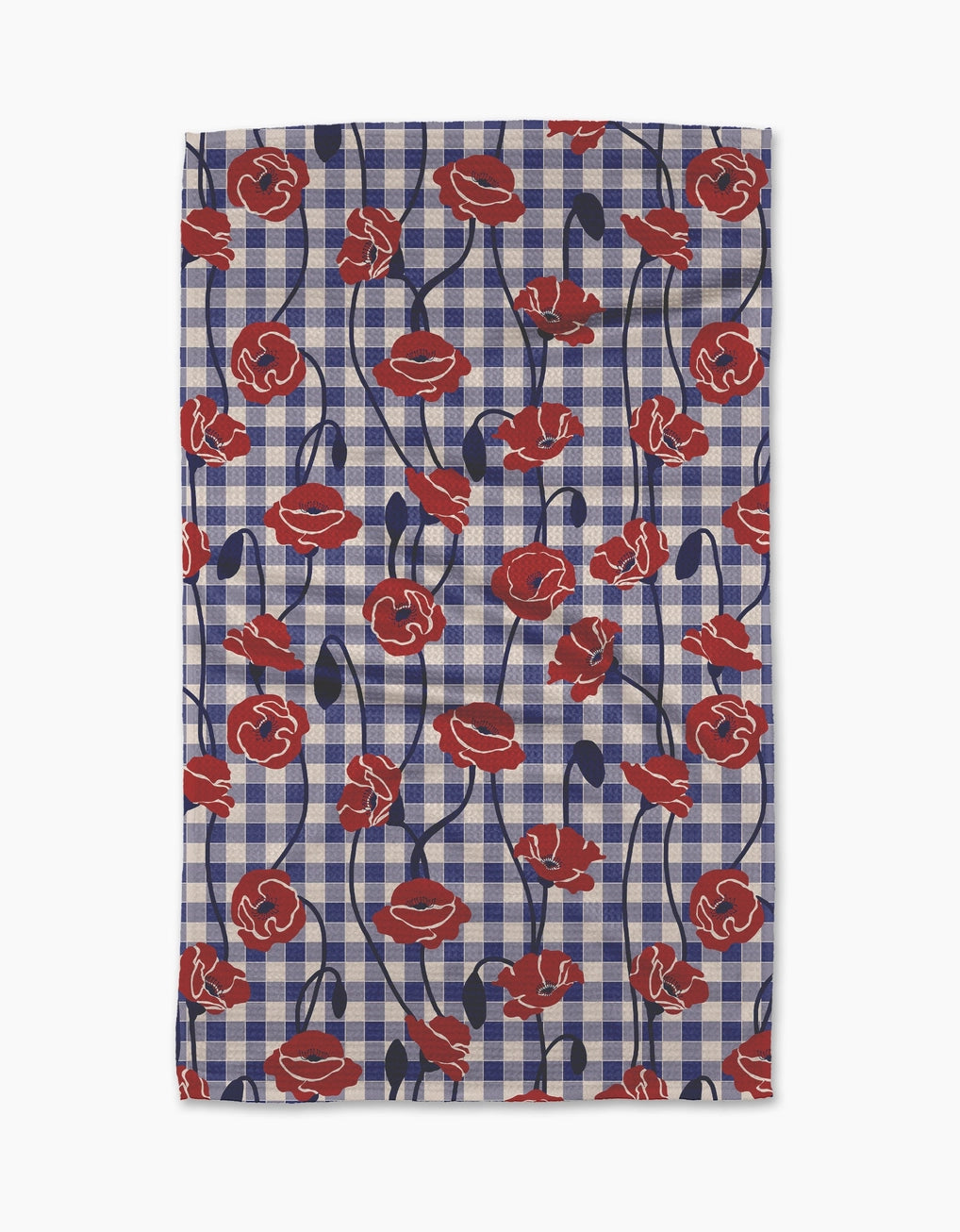 Tea towel with red poppy floral pattern on a blue checkered background. Geometry House.