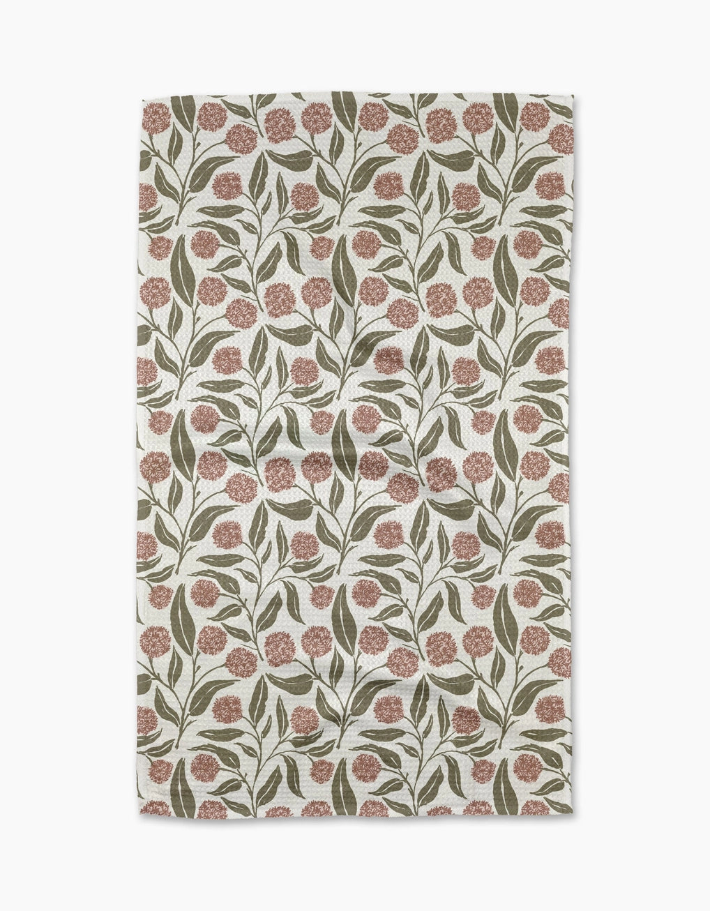 Tea towel with dusty rose colored floral patterns and soft green leaves. Geometry House. 