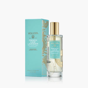 Voluspa French Cade Lavender room spray with packaging on a white background.