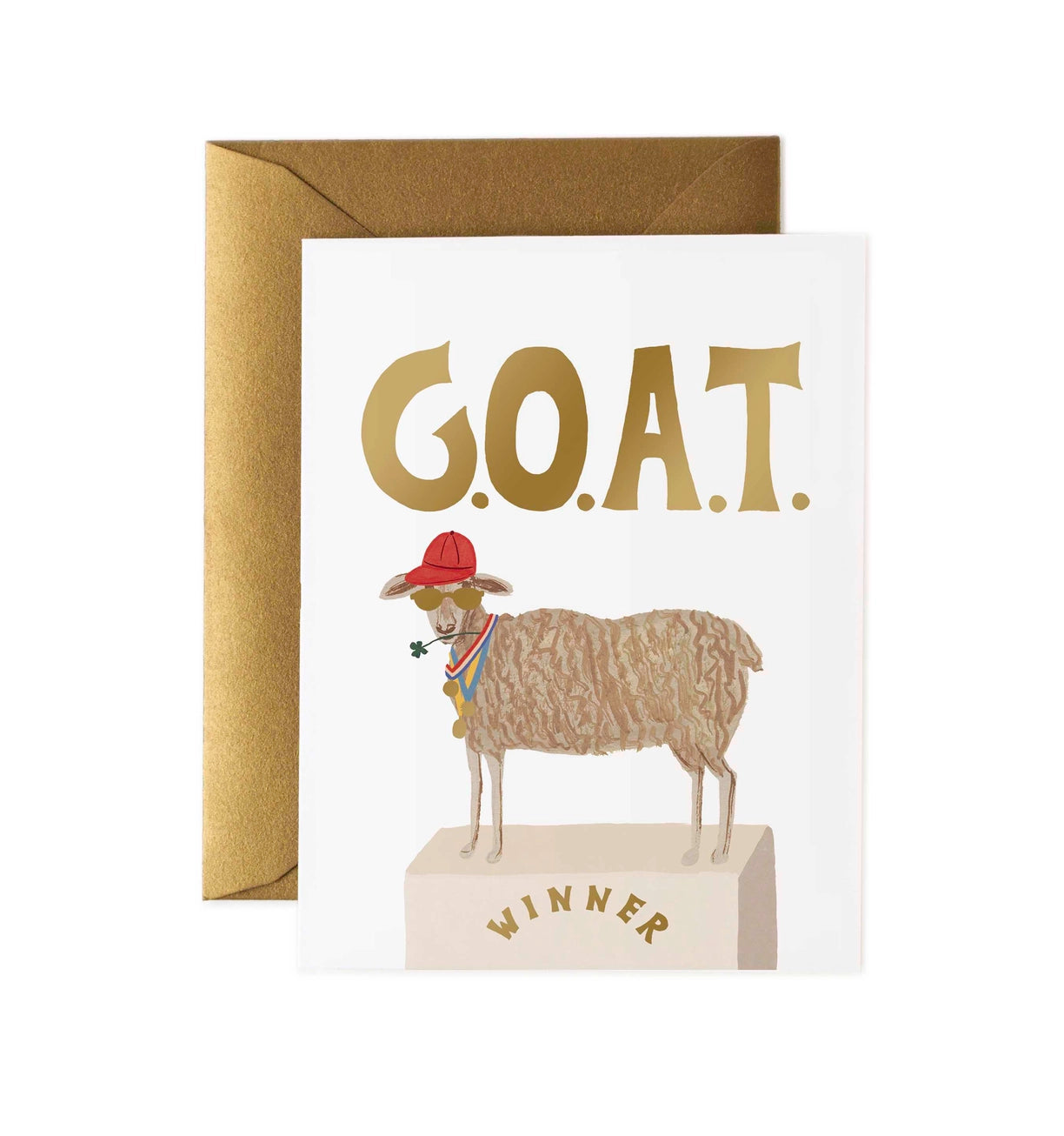 Greeting card with a sheep illustration on top of winners podium, and 'G.O.A.T.' text, featuring a gold envelope.