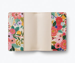 Floral garden party patterned passport holder displayed open on a white background. Rifle Paper Co. 