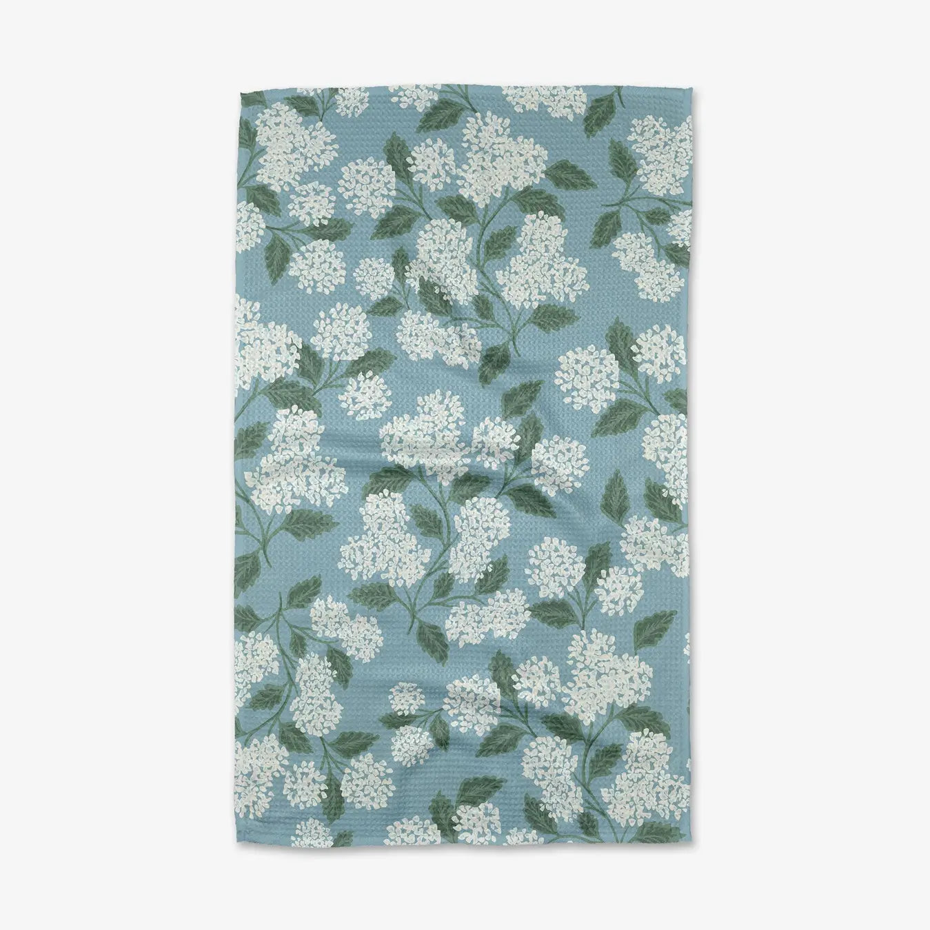 Pastel blue kitchen towel with garden of edith hydrangea blooms pattern print. Geometry House. 