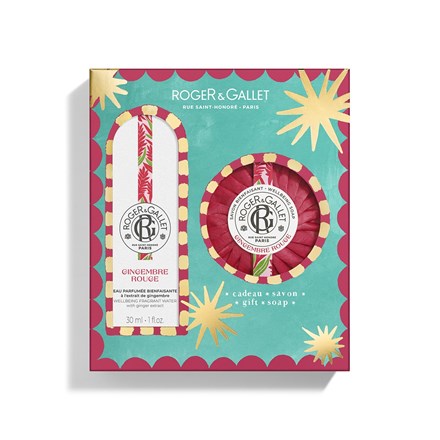 Roger & Gallet Ginger gift set in its original packaging, featuring a 30ml cologne bottle and a 30g bar of soap on a teal and red patterned box with gold star accents.
