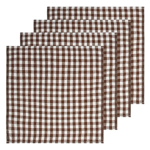 Four brown and white checkered square linen napkins on a white background. 