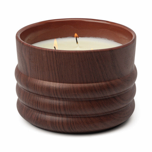 Twelve ounce wood grain Bergamot Mahogany scented candle. Paddywax. 