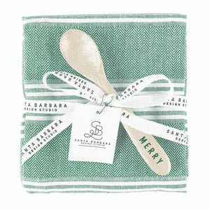 Green and white striped holiday tea towel with mango wood spoon included. 