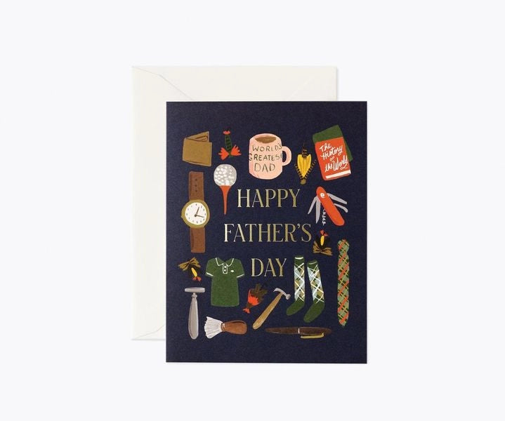 "Happy Father's Day" card with various graphic icons like socks, shirts, and mugs; text on a dark blue background with white paper envelope. 