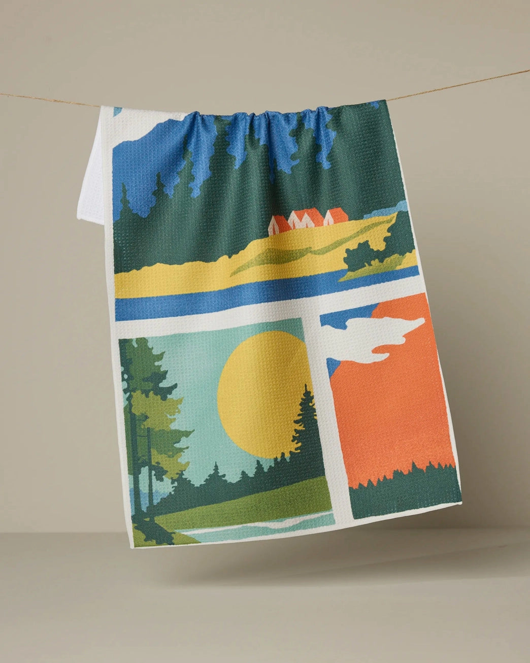 Decorative kitchen and bathroom towel with nature-themed hiking design on a beige background. Geometry House towels. 