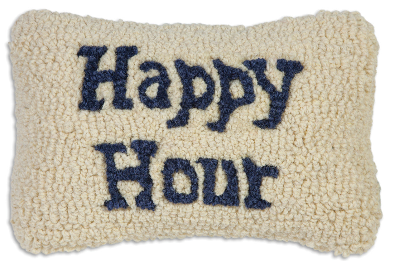 8x12 inch cream colored wool hooked pillow with navy 'Happy Hour' text on a white background. 