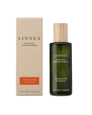 LINNEA Heirloom Tomato room spray bottle and packaging on a white background.