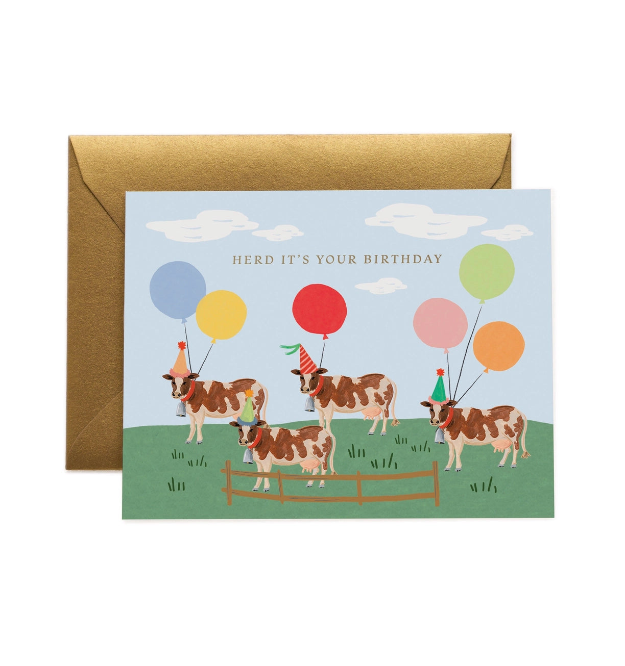 Birthday card with cows and balloons on a blue sky background, featuring a brown envelope.