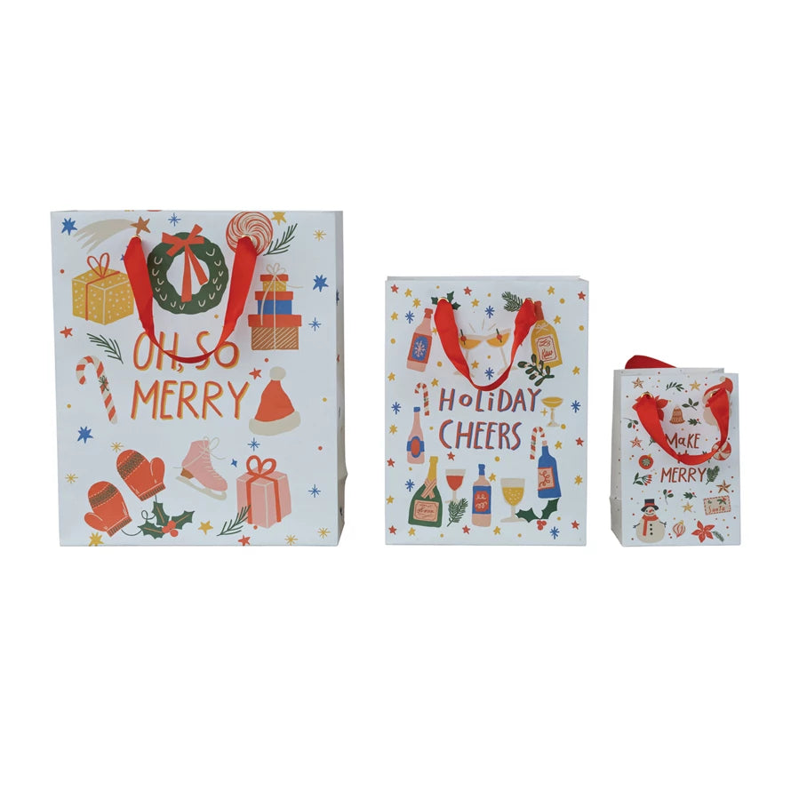 Multicolored Holiday gifts bags with various holiday graphics in large, medium, and small sizes. 