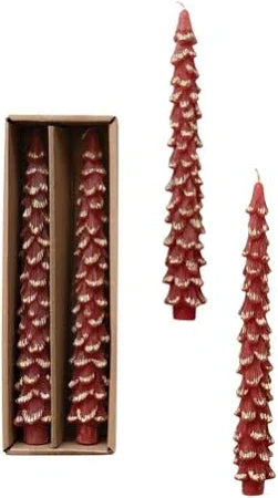 Set of holly berry colored tree taper candles displayed against a white background. 