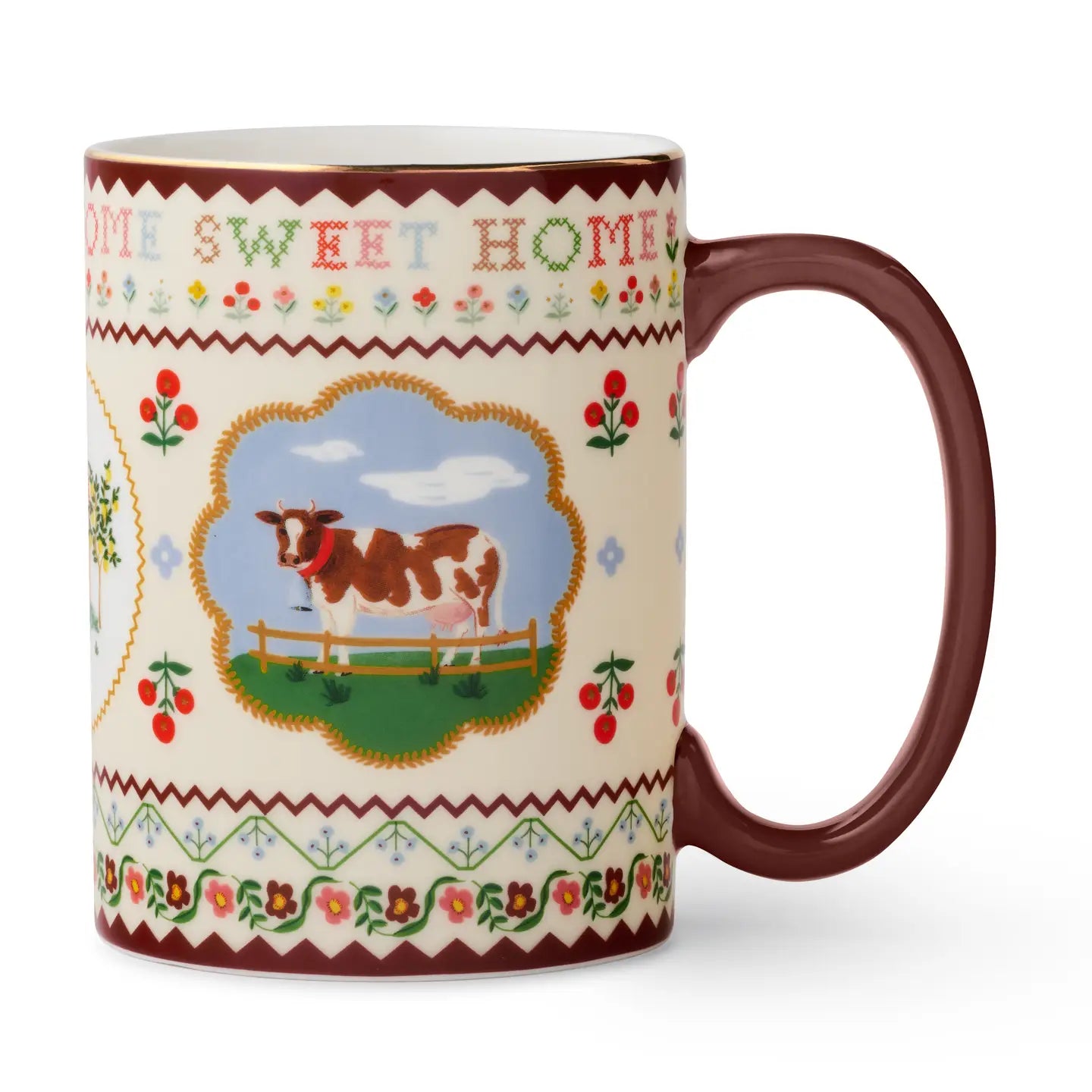 Mug with cow illustration and 'Home Sweet Home' text on a white background. Cottage Core mug, 