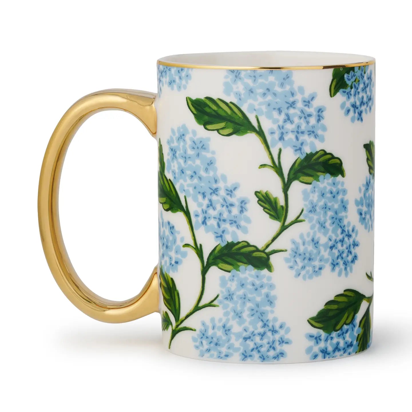 Mug with floral blue hydrangea design and gold handle on a white background. 